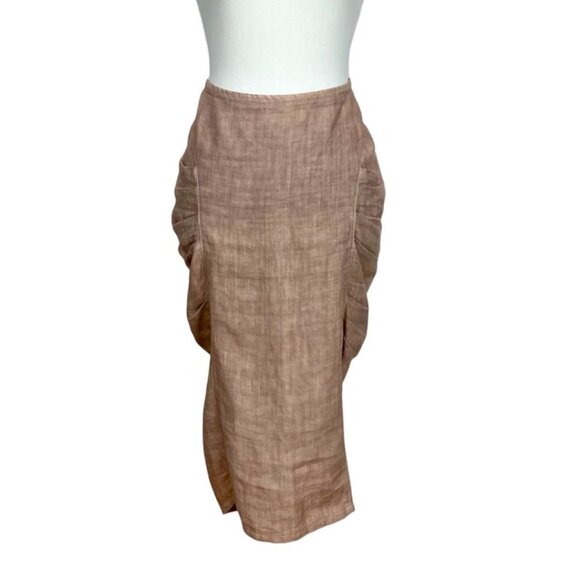 ENOCHIAN BEIGE LINEN CANVAS SIDE FLUTTER PENCIL SKIRT - 10 - Picture 2 of 8